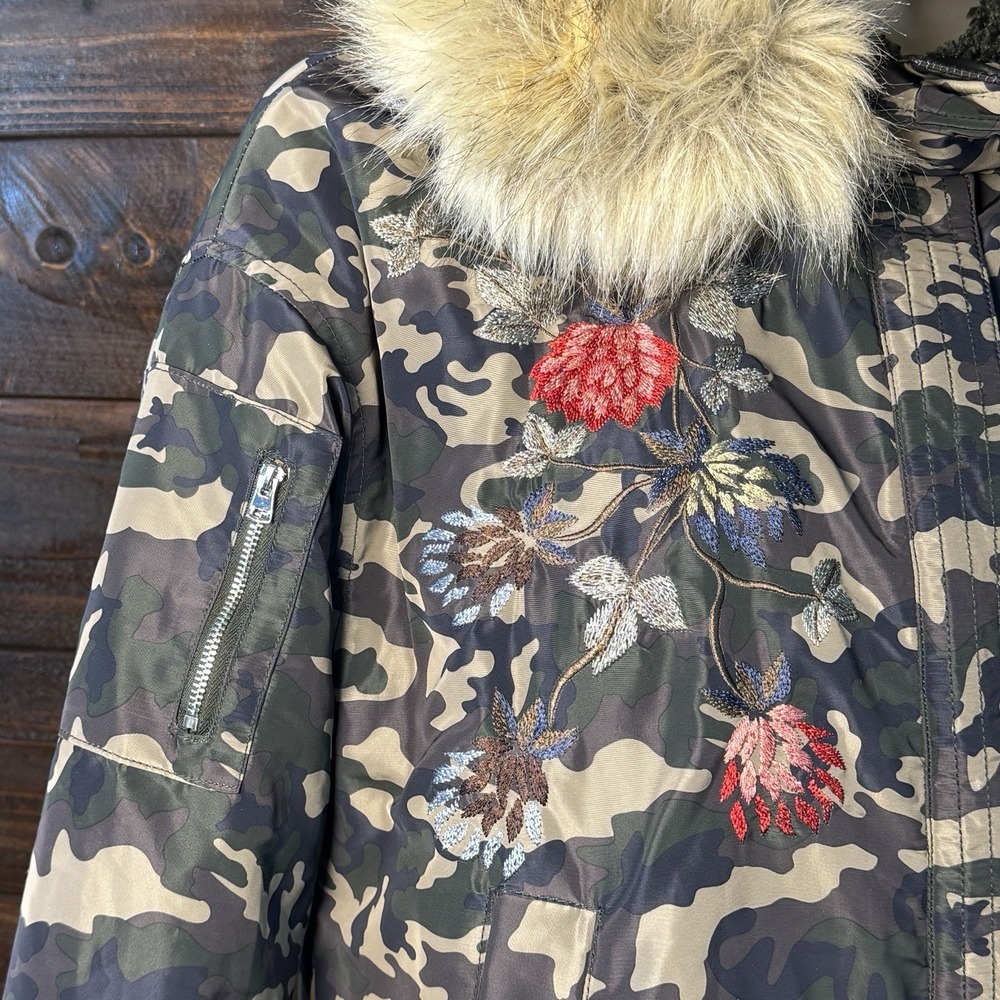 Zara Trafaluc Camouflage Floral Embroidered Hooded‎ Zip Off Fur Coat Womens XS - Picture 11 of 13